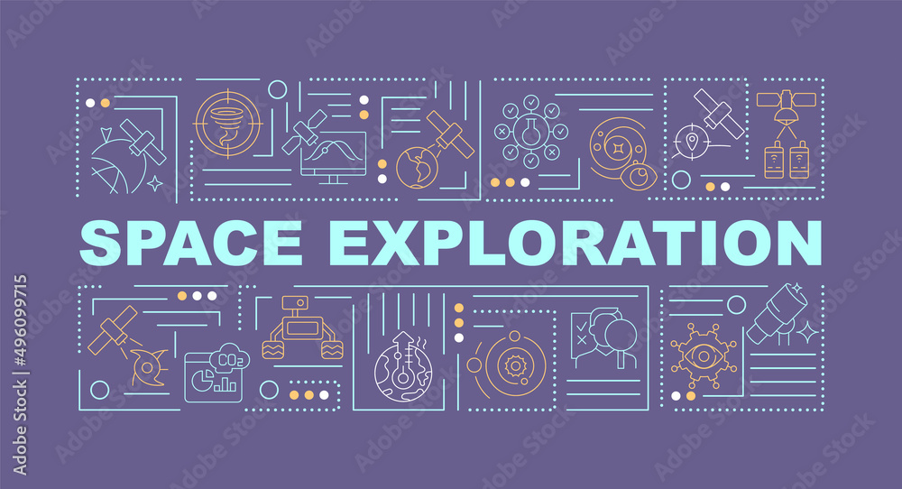 Space exploration word concepts dark purple banner. Outer space researching. Infographics with icons on color background. Isolated typography. Vector illustration with text. Arial-Black font used Space exploration word concepts dark purple banner. Outer space researching. Infographics with icons on color background. Isolated typography. Vector illustration with text. Arial-Black font used