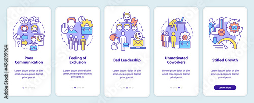Signs of toxic workplace onboarding mobile app screen. Walkthrough 5 steps graphic instructions pages with linear concepts. UI, UX, GUI template. Myriad Pro-Bold, Regular fonts used