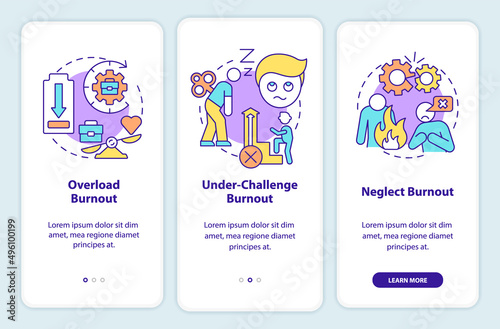 Types of burnout onboarding mobile app screen. Work related stress walkthrough 3 steps graphic instructions pages with linear concepts. UI, UX, GUI template. Myriad Pro-Bold, Regular fonts used