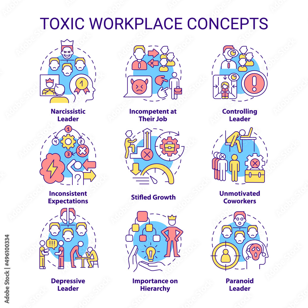 Obraz premium Toxic workplace concept icons set. Toxic leader. Unhealthy work environment idea thin line color illustrations. Isolated symbols. Editable stroke. Roboto-Medium, Myriad Pro-Bold fonts used