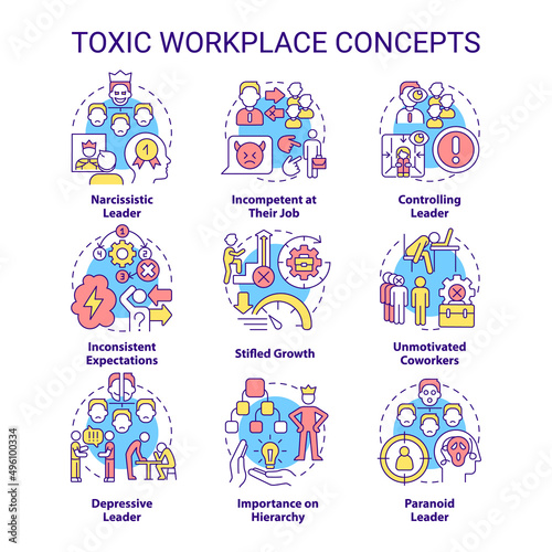 Toxic workplace concept icons set. Toxic leader. Unhealthy work environment idea thin line color illustrations. Isolated symbols. Editable stroke. Roboto-Medium, Myriad Pro-Bold fonts used