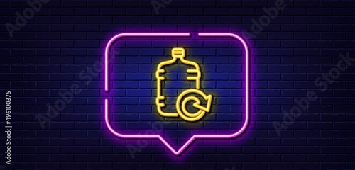 Neon light speech bubble. Water cooler bottle line icon. Refill aqua drink sign. Liquid symbol. Neon light background. Refill water glow line. Brick wall banner. Vector