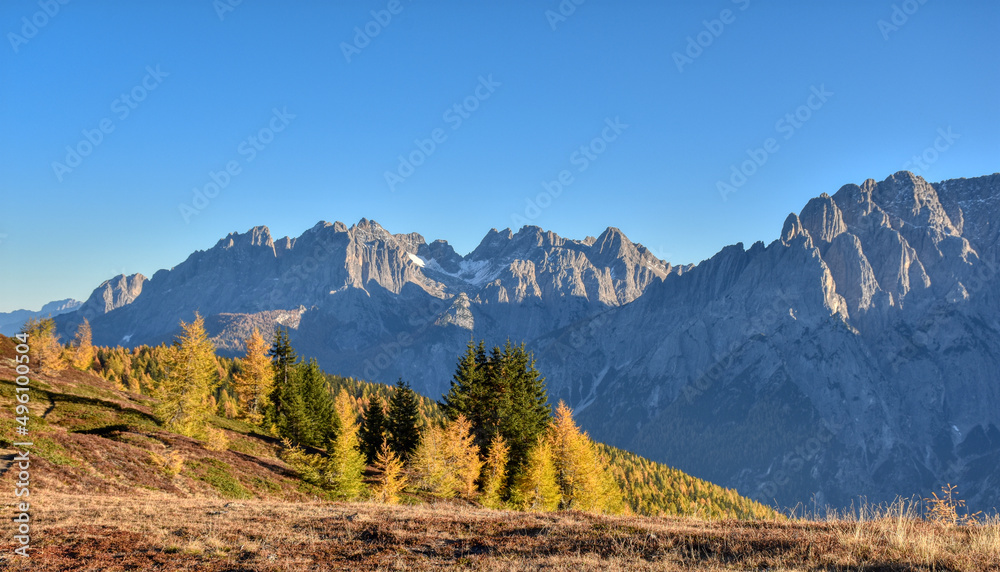 Naklejka premium Abend, Abenddämmerung, Dämmerung, dämmern, Alpen, Hochstein, Lienzer Dolomiten, Wald, Lärchen, Lärche, Baum, Lärchenwald, Silhouette, Lienz, Osttirol, Himmel, Abendrot, Sonnenuntergang, Blaue Stunde, 