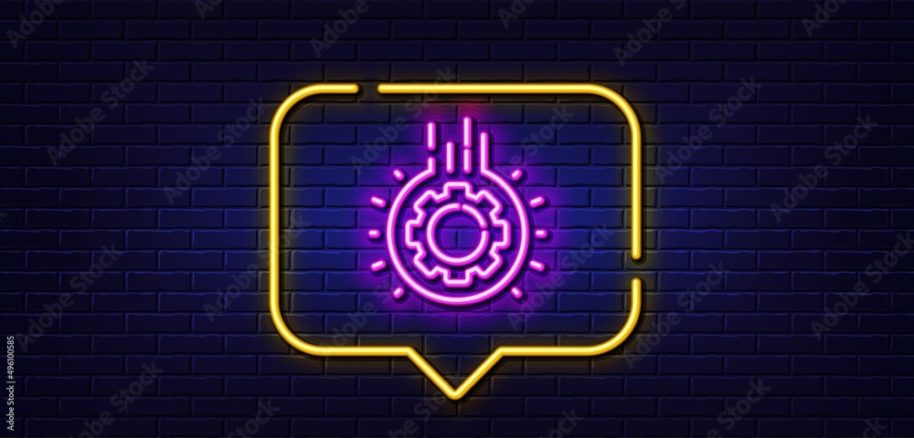 Neon light speech bubble. Gear line icon. Teamwork cogwheel sign. Working process symbol. Neon light background. Gear glow line. Brick wall banner. Vector Neon light speech bubble. Gear line icon. Teamwork cogwheel sign. Working process symbol. Neon light background. Gear glow line. Brick wall banner. Vector