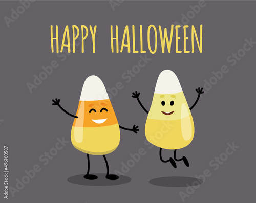 Candy Corn card. Halloween candies, sweets. Happy Halloween. Flat, cartoon, vector