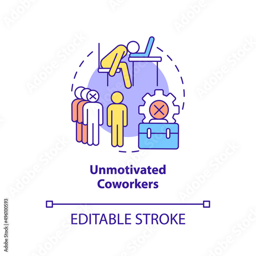 Unmotivated coworkers concept icon. Lazy colleagues. Sign of toxic workplace abstract idea thin line illustration. Isolated outline drawing. Editable stroke. Arial, Myriad Pro-Bold fonts used