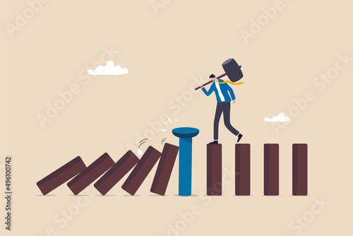 Business continuity and recovery, crisis management, proactive to protect disaster and risk, prevention or strategy to avoid danger concept, businessman put the nail to protect domino effect collapse.