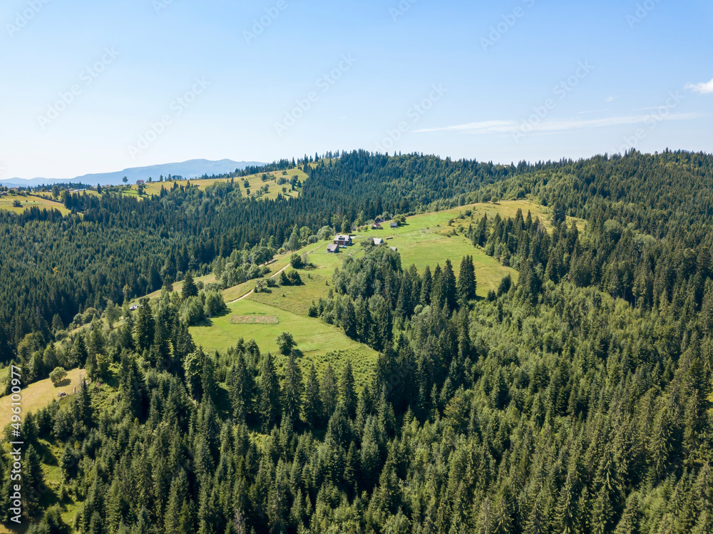 Green mountains of Ukrainian Carpathians in summer. Sunny clear day. Aerial drone view.