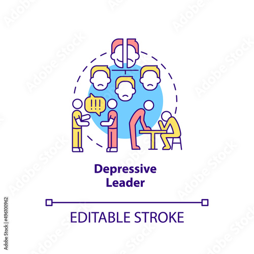 Depressive leader concept icon. Self doubting boss. Type of toxic leader abstract idea thin line illustration. Isolated outline drawing. Editable stroke. Arial, Myriad Pro-Bold fonts used
