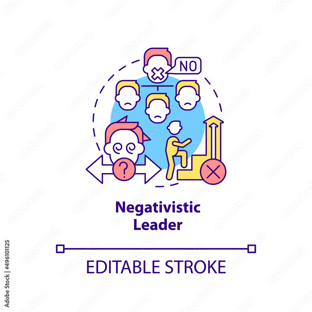 Negativistic leader concept icon. Unable to say no. Type of toxic leader abstract idea thin line illustration. Isolated outline drawing. Editable stroke. Arial, Myriad Pro-Bold fonts used