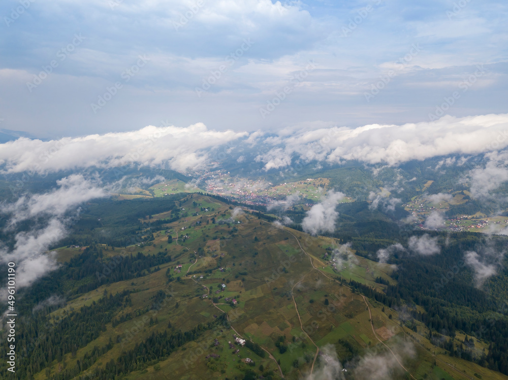 High flight in the mountains of the Ukrainian Carpathians. Aerial drone view.