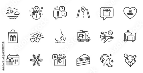Outline set of Travel loan, Be mine and Balloons line icons for web application. Talk, information, delivery truck outline icon. Include Sleep, Holidays shopping, Luggage trolley icons. Vector