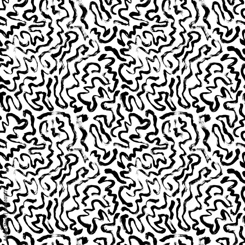 Black wavy organic rounded shapes pattern. Abstract background with bold curly brush strokes. Trendy modern organic shape doodle lines pattern. Stylish structure of natural cells. Messy doodles.