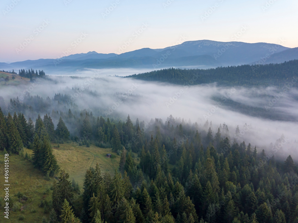 Green mountains of the Ukrainian Carpathians in the morning mist. Aerial drone view. Green mountains of the Ukrainian Carpathians in the morning mist. Aerial drone view.