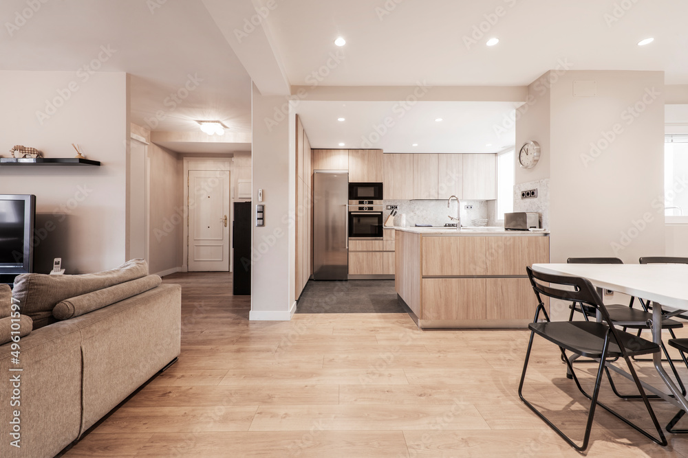 Fototapeta premium Apartment with living room, sofa upholstered in fabric, dining table and open kitchen with island with sink, wooden furniture and stainless steel and black glass appliances