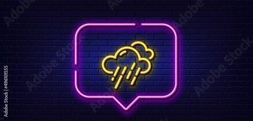 Neon light speech bubble. Rainy weather forecast line icon. Clouds with rain sign. Cloudy sky symbol. Neon light background. Rainy weather glow line. Brick wall banner. Vector