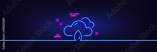 Neon light glow effect. Rainy weather forecast line icon. Clouds with rain sign. Cloudy sky symbol. 3d line neon glow icon. Brick wall banner. Rainy weather outline. Vector