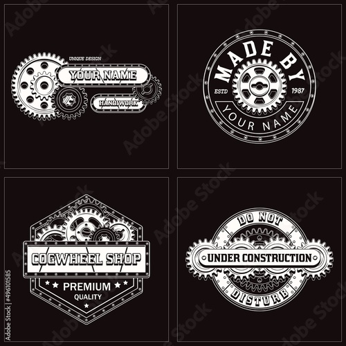 Set of monochrome vintage labels with gear wheels, metal rails, rivets, text. White emblems in steampunk style on black background. Good for craft design.