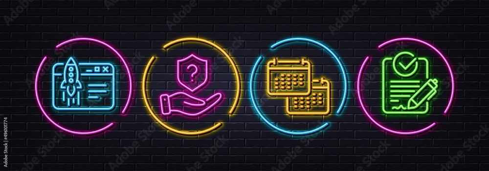 Calendar, Protection shield and Start business minimal line icons. Neon laser 3d lights. Rfp icons. For web, application, printing. Schedule planner, Insurance claim, Launch idea. Vector