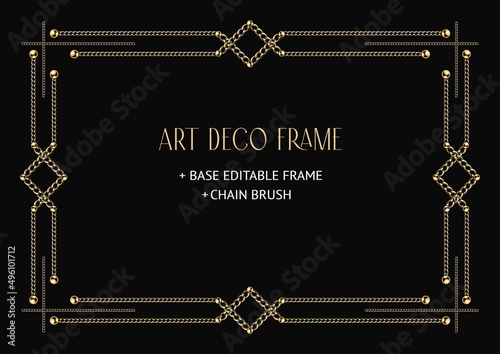 Art deco geometric frame made of golden chain and beads. Chain brush, base editable frame included. Vintage old antique elegant vector design with copy space.