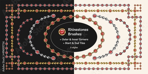 Pattern brushes with red ruby rhinestones and metal beads. Chain brushes with corners, end and start tiles. Gold and silver version. Isolated on white and black background.