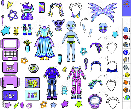 Space Princess with clothes, hairstyles, accessories. Paper doll Set.  Kids Craft photo