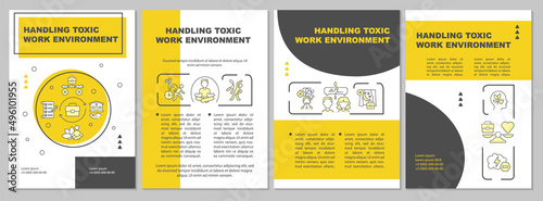 Handling toxic work environment yellow brochure template. Leaflet design with linear icons. 4 vector layouts for presentation, annual reports. Arial-Black, Myriad Pro-Regular fonts used