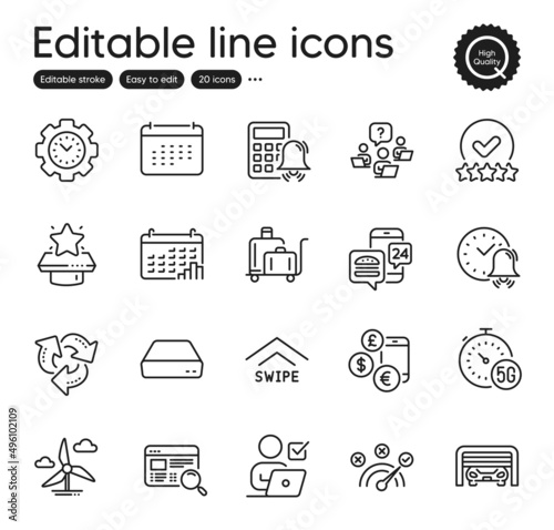 Set of Technology outline icons. Contains icons as Mini pc, Calculator alarm and Teamwork question elements. Winner podium, Rating stars, Parking garage web signs. Alarm bell. Vector