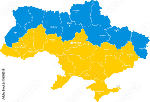 Geographical map of Ukraine with the borders of its constituent regions and the names of the main cities, a vector with the possibility of repainting each region