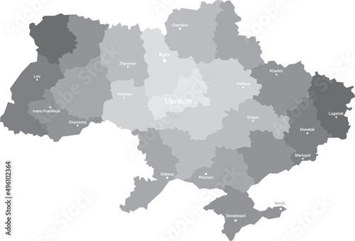 Geographical map of Ukraine with the borders of its constituent regions and the names of the main cities, a vector with the possibility of repainting each region