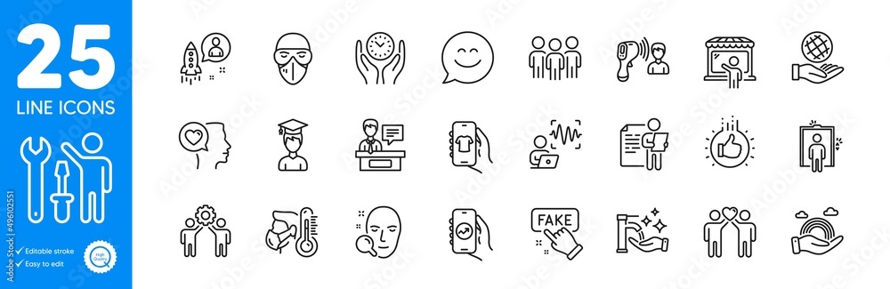 Outline icons set. Group, Fake information and Repairman icons. Job interview, Startup, Elevator web elements. Romantic talk, Voice wave, Student signs. Sick man, Safe time, Medical mask. Vector Outline icons set. Group, Fake information and Repairman icons. Job interview, Startup, Elevator web elements. Romantic talk, Voice wave, Student signs. Sick man, Safe time, Medical mask. Vector