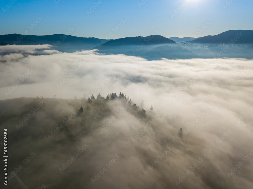 Obraz premium Morning fog in the Ukrainian Carpathians. Aerial drone view.