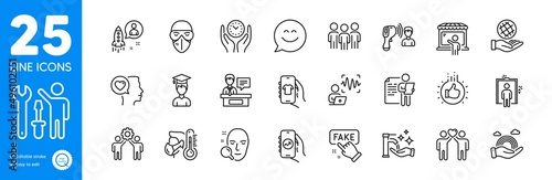 Outline icons set. Group, Fake information and Repairman icons. Job interview, Startup, Elevator web elements. Romantic talk, Voice wave, Student signs. Sick man, Safe time, Medical mask. Vector