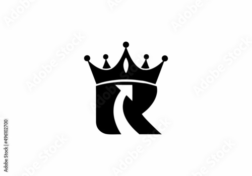Black R initial letter with crown and arrow  logo design