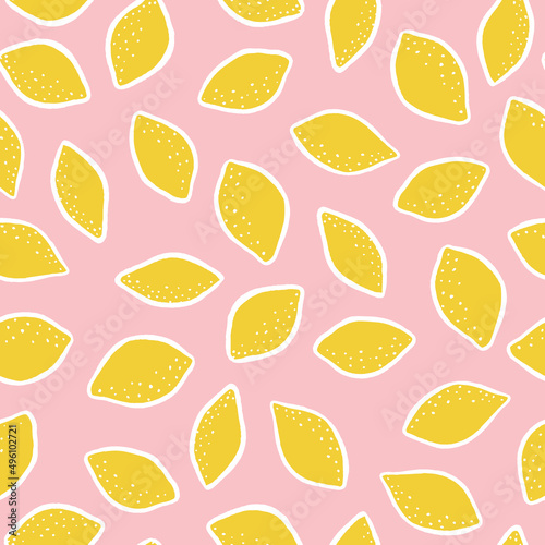 Yellow lemon seamless pattern print pink background. Fun spring summer vector illustration. Great for kids and home decor projects. Surface pattern design by Claudia Orengo from heartmade.es