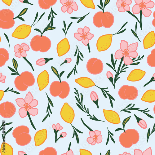 Floral fruit seamless pattern print in yellow, orange and blue background. Fun spring summer vector illustration. Great for kids and home decor projects. Surface pattern design by Claudia Orengo from