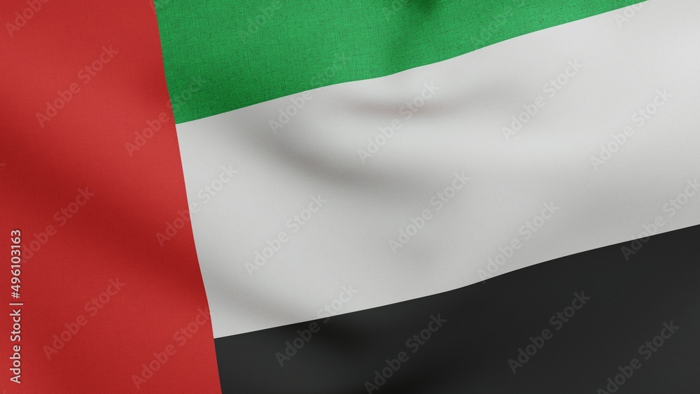 National flag of United Arab Emirates waving 3D Render, used Pan-Arab colors and designed Abdullah Al Maainah, UAE flag National flag of United Arab Emirates waving 3D Render, used Pan-Arab colors and designed Abdullah Al Maainah, UAE flag