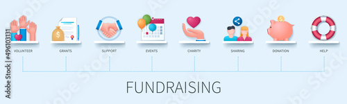 Fundraising banner with icons. Volunteers, grants, support, events, charity, sharing, donation, help icons. Business concept. Web vector infographic in 3D style