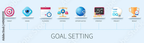 Goal setting banner with icons. Target, vision, planning, criteria, opportunities, strategy, project, result icons. Business concept. Web vector infographic in 3D style