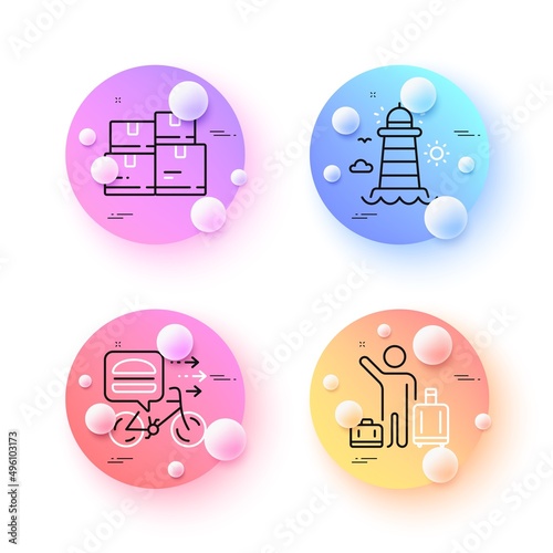 Airport transfer, Food delivery and Lighthouse minimal line icons. 3d spheres or balls buttons. Wholesale inventory icons. For web, application, printing. Vector