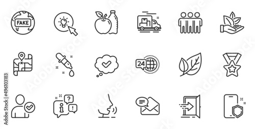 Outline set of Phone protect, Apple and Approved line icons for web application. Talk, information, delivery truck outline icon. Include New mail, Map, 24h service icons. Vector
