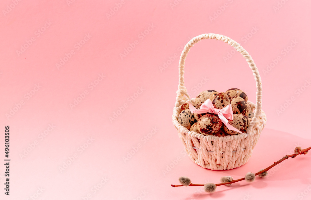 White basket with quail eggs, pink bow and pussy willow on paper background. Copy space. Easter holiday greeting card. Religious symbol. Springtime pastel color design. Healthy food. Empty text place