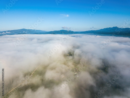 Morning fog in the Ukrainian Carpathians. Aerial drone view. © Sergey