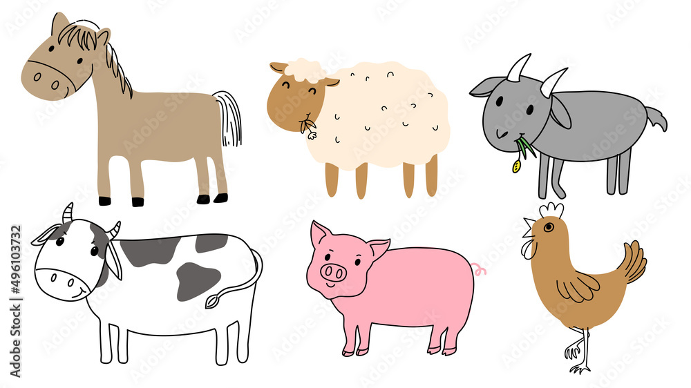 cute doodle line art cartoon of farm animal ; horse, sheep, goat, cow, pig, chicken.