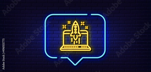 Neon light speech bubble. Start business line icon. Launch crowdfunding project sign. Innovation symbol. Neon light background. Start business glow line. Brick wall banner. Vector