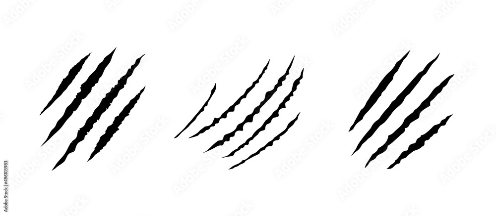 Set of black bloody claws animal scratch scrape track. Cat, tiger, bear, lion scratches paw shape. Four nails trace. Funny design element. Vector illustration isolated on white background - obrazy, fototapety, plakaty 
