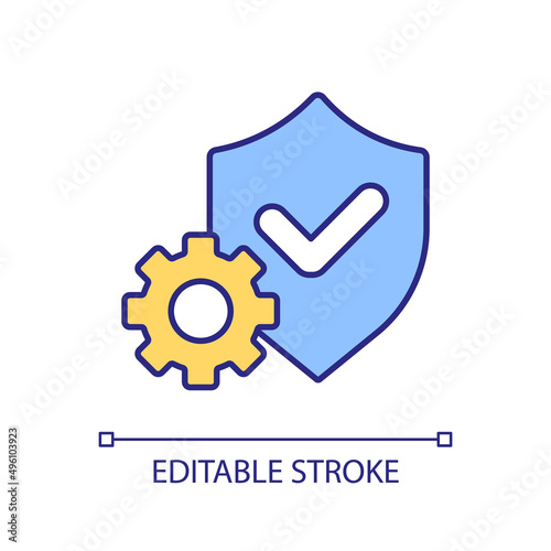 Safety settings RGB color icon. Shield and cogwheel. Digital technology of personal security. Isolated vector illustration. Simple filled line drawing. Editable stroke. Arial font used