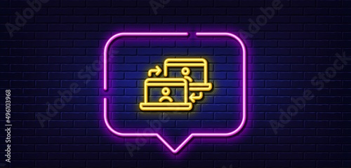 Neon light speech bubble. Outsource work line icon. Job at home sign. Remote office employees symbol. Neon light background. Outsource work glow line. Brick wall banner. Vector