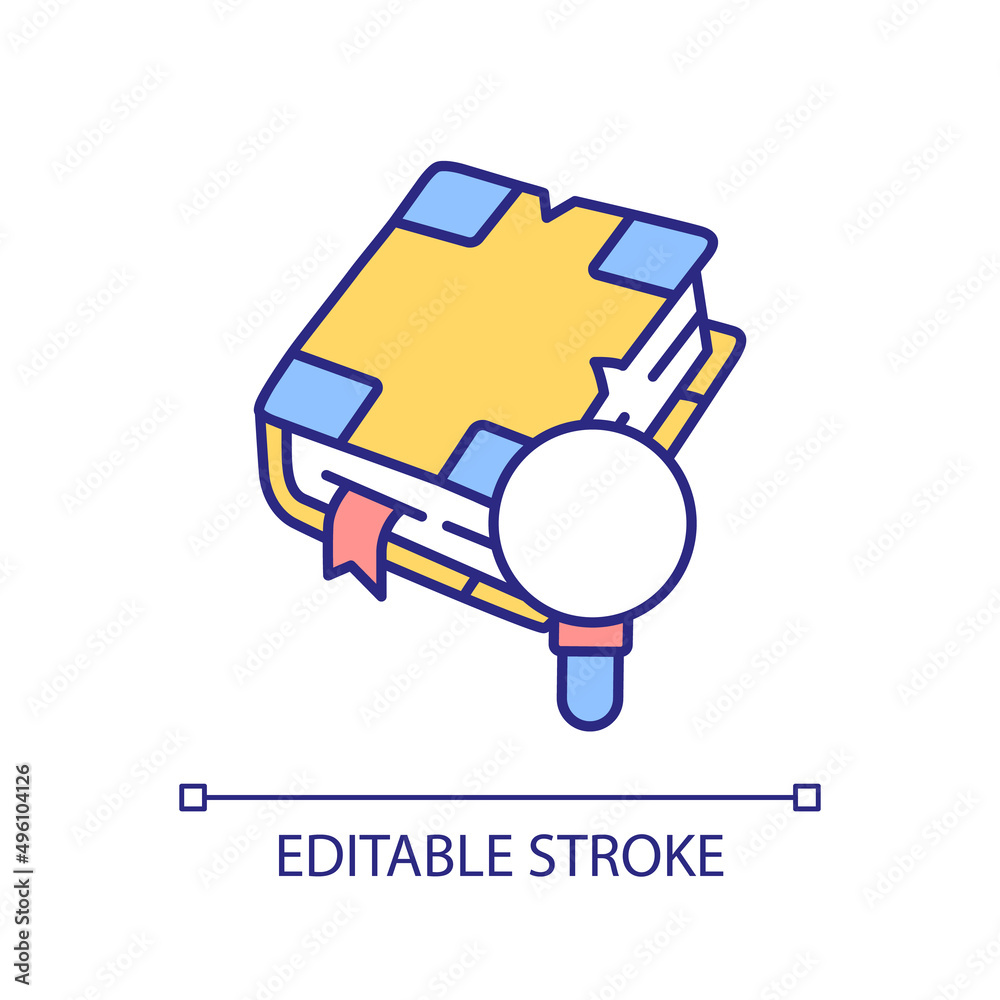 Old literature learning RGB color icon. Ancient books studying and conservation. Bookinist hobby. Isolated vector illustration. Simple filled line drawing. Editable stroke. Arial font used Old literature learning RGB color icon. Ancient books studying and conservation. Bookinist hobby. Isolated vector illustration. Simple filled line drawing. Editable stroke. Arial font used