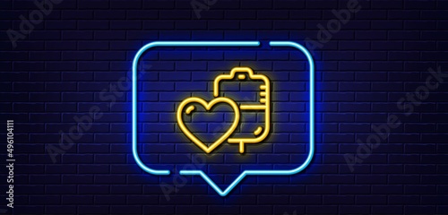 Neon light speech bubble. Donate blood line icon. Medical donor sign. Plasma symbol. Neon light background. Blood glow line. Brick wall banner. Vector